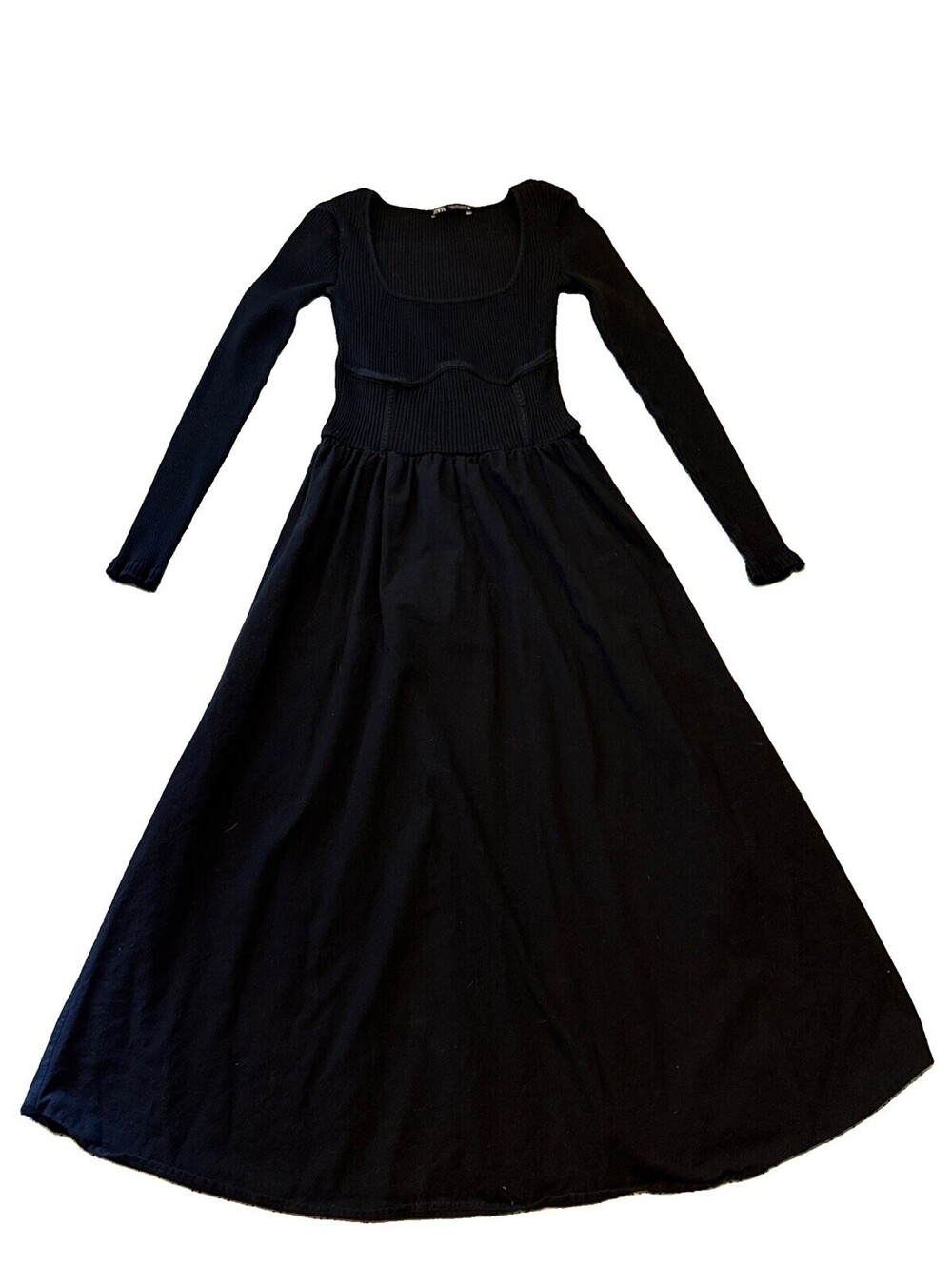 Zara Women’s Black Long Sleeve Maxi Dress Solid Ribbed Fit & Flare Sz. Small EUC